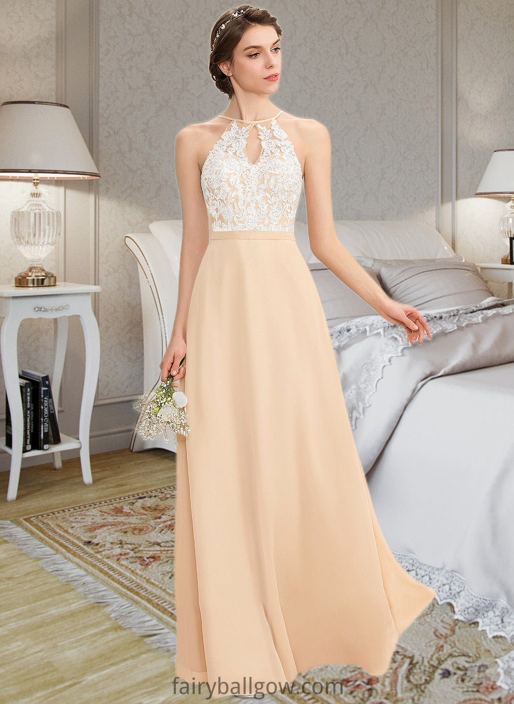 Nadine A-Line Scoop Neck Floor-Length Chiffon Lace Bridesmaid Dress With Bow(s) XXCP0013259