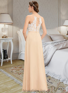 Nadine A-Line Scoop Neck Floor-Length Chiffon Lace Bridesmaid Dress With Bow(s) XXCP0013259