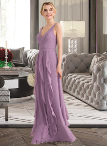 Brynn A-Line V-neck Floor-Length Chiffon Bridesmaid Dress With Cascading Ruffles XXCP0013261