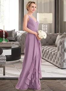 Brynn A-Line V-neck Floor-Length Chiffon Bridesmaid Dress With Cascading Ruffles XXCP0013261