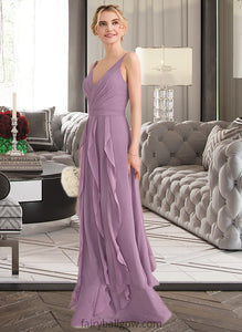 Brynn A-Line V-neck Floor-Length Chiffon Bridesmaid Dress With Cascading Ruffles XXCP0013261