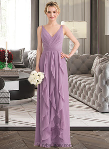 Brynn A-Line V-neck Floor-Length Chiffon Bridesmaid Dress With Cascading Ruffles XXCP0013261