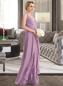 Brynn A-Line V-neck Floor-Length Chiffon Bridesmaid Dress With Cascading Ruffles XXCP0013261