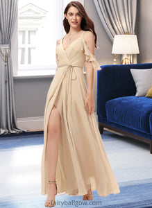 Chana A-Line V-neck Floor-Length Chiffon Bridesmaid Dress With Ruffle Split Front XXCP0013267