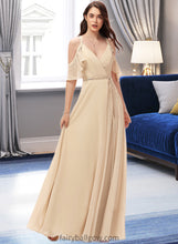 Load image into Gallery viewer, Chana A-Line V-neck Floor-Length Chiffon Bridesmaid Dress With Ruffle Split Front XXCP0013267