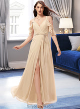 Load image into Gallery viewer, Chana A-Line V-neck Floor-Length Chiffon Bridesmaid Dress With Ruffle Split Front XXCP0013267