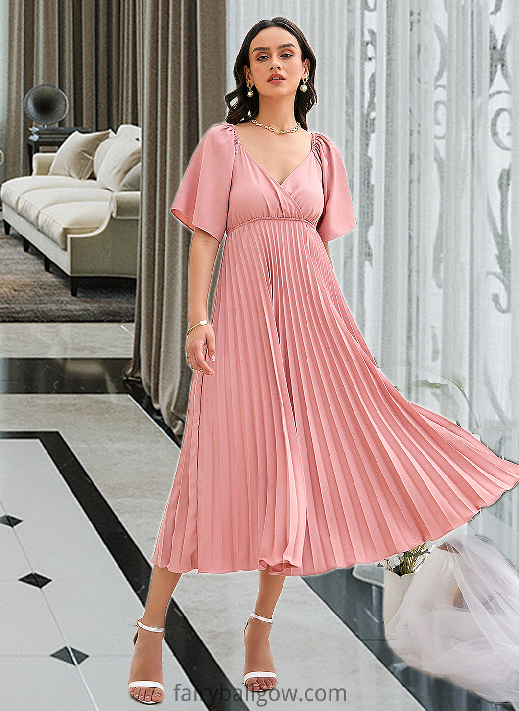 Jessie A-LineV-neckTea-LengthBridesmaidDressWithPleated#273656 XXCP0013273