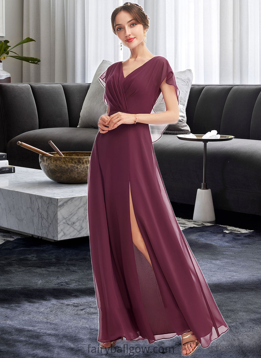 Lydia A-Line V-neck Floor-Length Bridesmaid Dress With Ruffle Split Front XXCP0013276