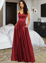 Load image into Gallery viewer, Catalina A-Line V-neck Floor-Length Satin Bridesmaid Dress With Pockets XXCP0013279