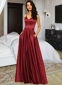 Catalina A-Line V-neck Floor-Length Satin Bridesmaid Dress With Pockets XXCP0013279