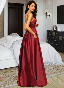 Catalina A-Line V-neck Floor-Length Satin Bridesmaid Dress With Pockets XXCP0013279