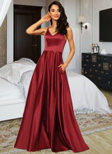 Load image into Gallery viewer, Catalina A-Line V-neck Floor-Length Satin Bridesmaid Dress With Pockets XXCP0013279