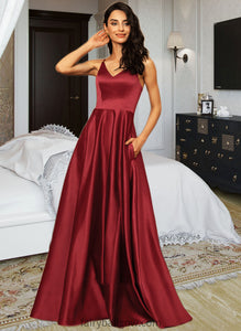 Catalina A-Line V-neck Floor-Length Satin Bridesmaid Dress With Pockets XXCP0013279