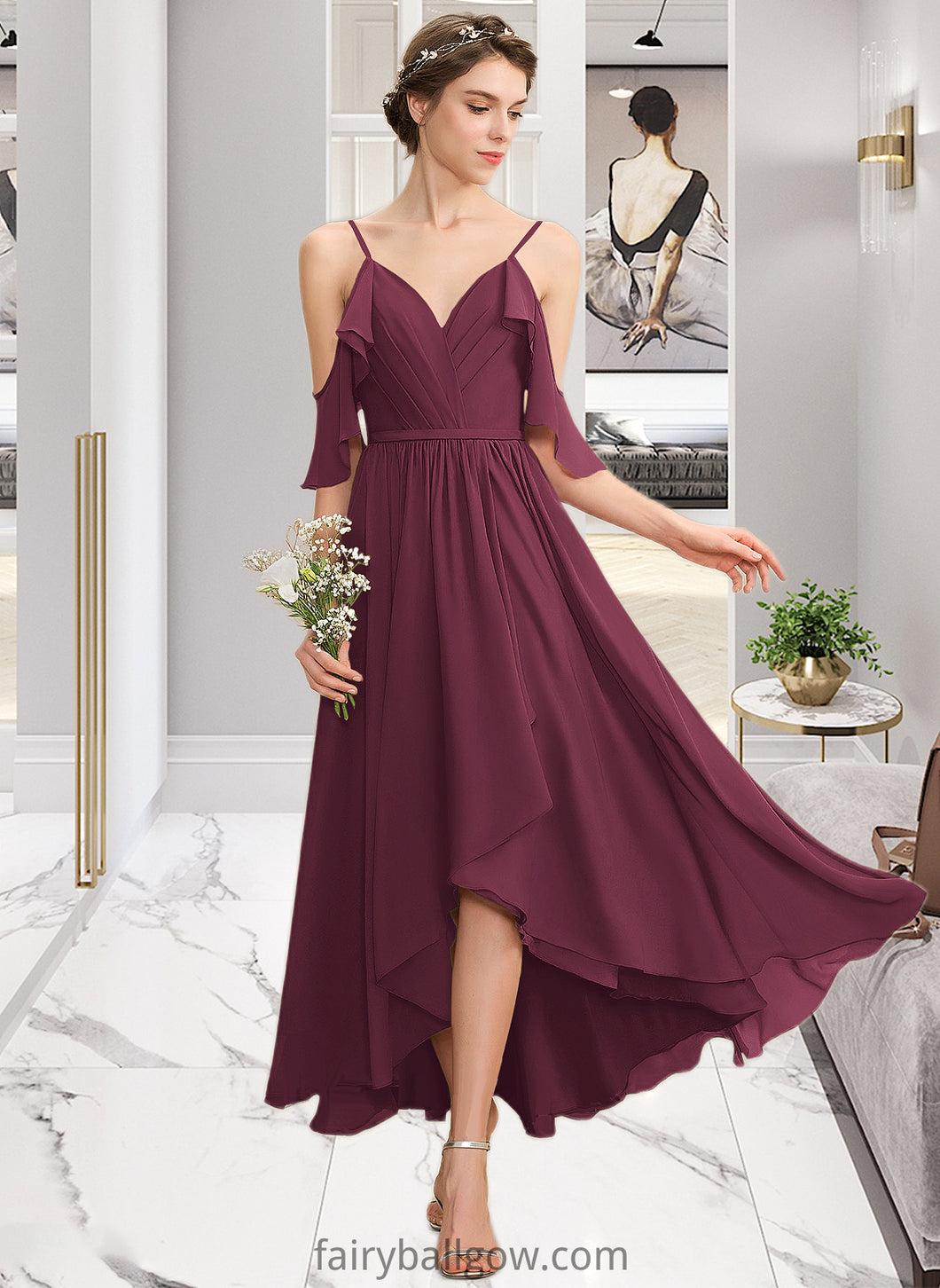 Delaney A-Line V-neck Asymmetrical Chiffon Bridesmaid Dress With Cascading Ruffles XXCP0013280