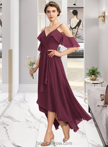 Delaney A-Line V-neck Asymmetrical Chiffon Bridesmaid Dress With Cascading Ruffles XXCP0013280