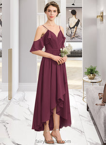 Delaney A-Line V-neck Asymmetrical Chiffon Bridesmaid Dress With Cascading Ruffles XXCP0013280