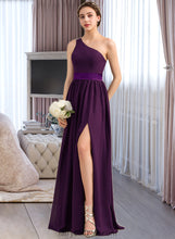 Load image into Gallery viewer, Cameron A-Line/Princess One-Shoulder Floor-Length Chiffon Charmeuse Bridesmaid Dress With Ruffle Split Front XXCP0013288