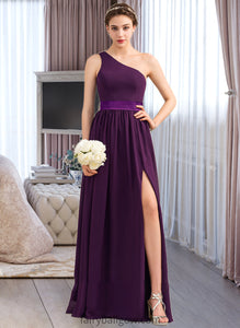 Cameron A-Line/Princess One-Shoulder Floor-Length Chiffon Charmeuse Bridesmaid Dress With Ruffle Split Front XXCP0013288