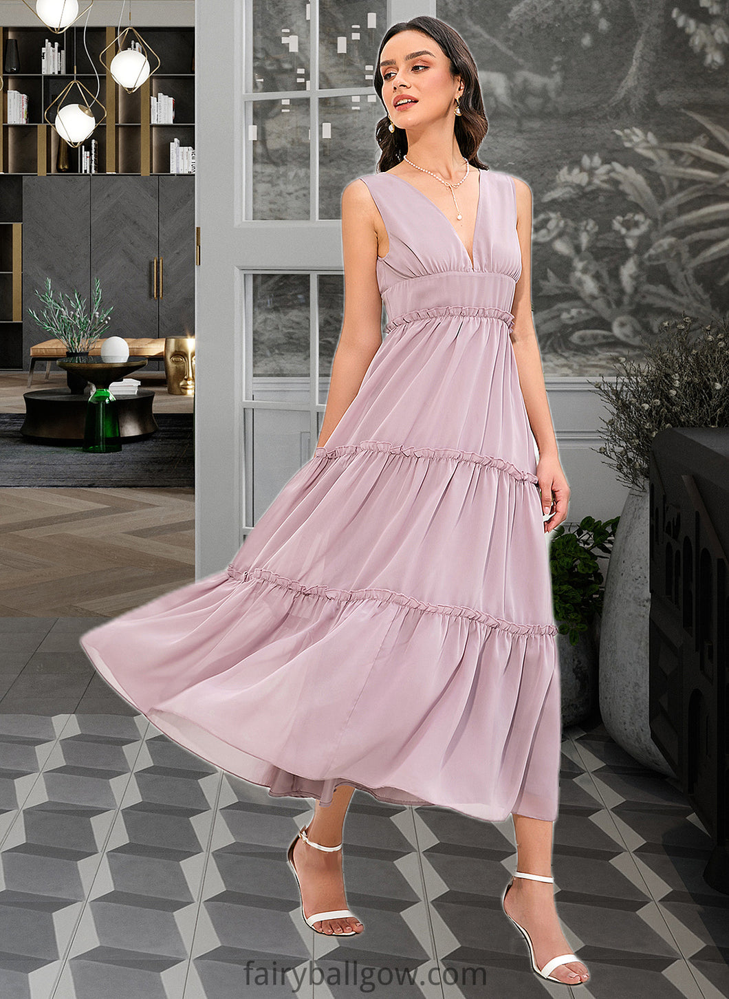 Janey A-LineV-neckTea-LengthBridesmaidDress#273655 XXCP0013290