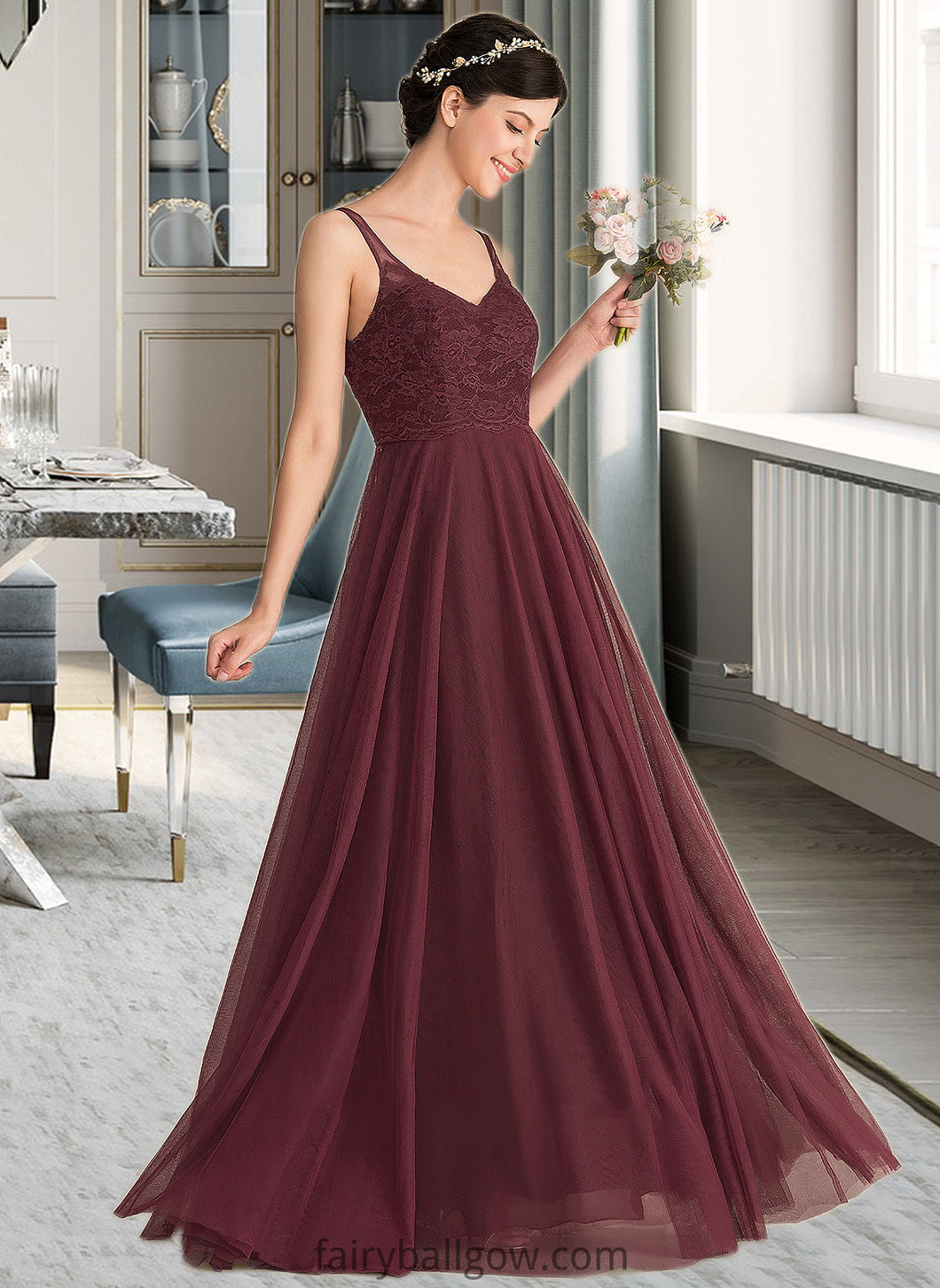 Talia A-Line/Princess V-neck Floor-Length Tulle Lace Bridesmaid Dress XXCP0013295