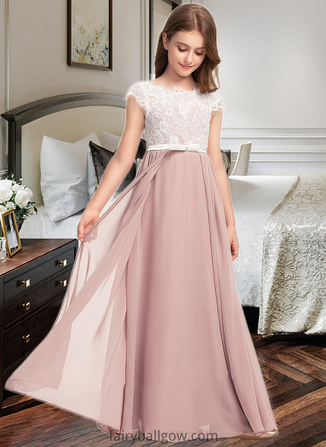 Lori A-Line Scoop Neck Floor-Length Chiffon Lace Junior Bridesmaid Dress With Bow(s) XXCP0013305