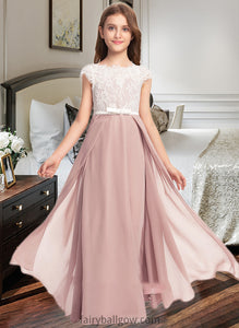 Lori A-Line Scoop Neck Floor-Length Chiffon Lace Junior Bridesmaid Dress With Bow(s) XXCP0013305