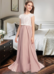 Lori A-Line Scoop Neck Floor-Length Chiffon Lace Junior Bridesmaid Dress With Bow(s) XXCP0013305