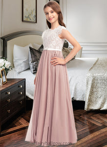 Lori A-Line Scoop Neck Floor-Length Chiffon Lace Junior Bridesmaid Dress With Bow(s) XXCP0013305