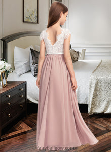 Lori A-Line Scoop Neck Floor-Length Chiffon Lace Junior Bridesmaid Dress With Bow(s) XXCP0013305