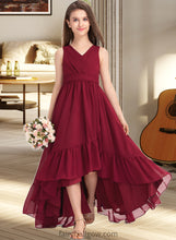 Load image into Gallery viewer, Sibyl A-Line V-neck Asymmetrical Chiffon Junior Bridesmaid Dress With Bow(s) Cascading Ruffles XXCP0013310