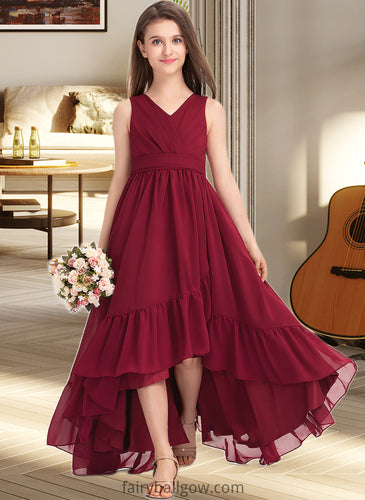 Sibyl A-Line V-neck Asymmetrical Chiffon Junior Bridesmaid Dress With Bow(s) Cascading Ruffles XXCP0013310