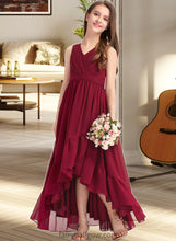 Load image into Gallery viewer, Sibyl A-Line V-neck Asymmetrical Chiffon Junior Bridesmaid Dress With Bow(s) Cascading Ruffles XXCP0013310