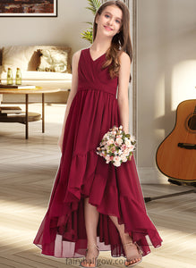 Sibyl A-Line V-neck Asymmetrical Chiffon Junior Bridesmaid Dress With Bow(s) Cascading Ruffles XXCP0013310