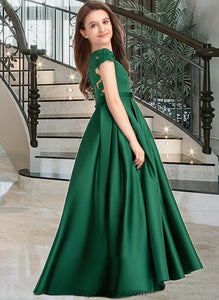 Thirza Ball-Gown/Princess Scoop Neck Floor-Length Satin Lace Junior Bridesmaid Dress With Bow(s) Pockets XXCP0013311