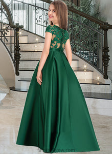 Thirza Ball-Gown/Princess Scoop Neck Floor-Length Satin Lace Junior Bridesmaid Dress With Bow(s) Pockets XXCP0013311