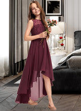 Load image into Gallery viewer, April A-Line Scoop Neck Asymmetrical Chiffon Lace Junior Bridesmaid Dress With Bow(s) XXCP0013312