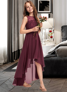 April A-Line Scoop Neck Asymmetrical Chiffon Lace Junior Bridesmaid Dress With Bow(s) XXCP0013312