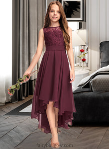 April A-Line Scoop Neck Asymmetrical Chiffon Lace Junior Bridesmaid Dress With Bow(s) XXCP0013312