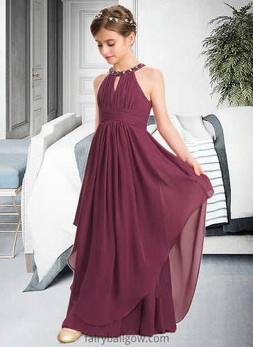 Azul A-Line Scoop Neck Floor-Length Chiffon Junior Bridesmaid Dress With Ruffle Beading XXCP0013313