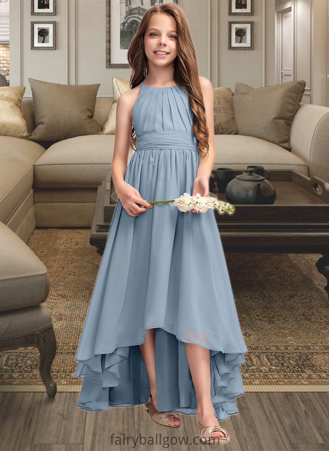 Skylar A-Line Scoop Neck Asymmetrical Chiffon Junior Bridesmaid Dress With Ruffle Bow(s) XXCP0013314