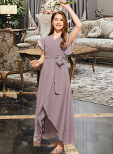 Load image into Gallery viewer, Myla A-Line V-neck Asymmetrical Chiffon Junior Bridesmaid Dress With Ruffle Bow(s) XXCP0013315