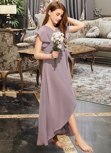 Myla A-Line V-neck Asymmetrical Chiffon Junior Bridesmaid Dress With Ruffle Bow(s) XXCP0013315