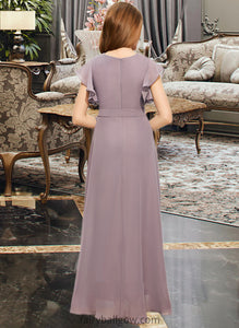 Myla A-Line V-neck Asymmetrical Chiffon Junior Bridesmaid Dress With Ruffle Bow(s) XXCP0013315