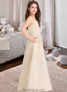 Tatiana A-Line V-neck Floor-Length Satin Junior Bridesmaid Dress With Pockets XXCP0013319