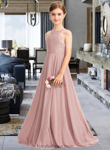 Donna A-Line Scoop Neck Floor-Length Chiffon Lace Junior Bridesmaid Dress XXCP0013324