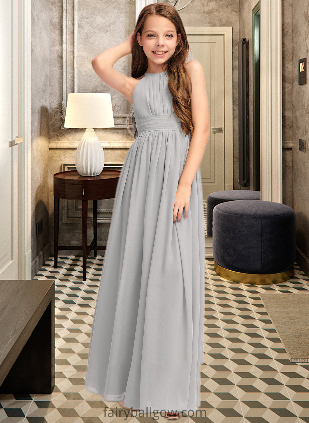 Fiona A-Line Scoop Neck Floor-Length Chiffon Junior Bridesmaid Dress With Ruffle XXCP0013325