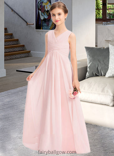 Liberty A-Line V-neck Floor-Length Chiffon Junior Bridesmaid Dress With Ruffle XXCP0013328