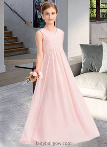 Liberty A-Line V-neck Floor-Length Chiffon Junior Bridesmaid Dress With Ruffle XXCP0013328