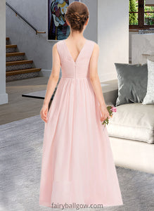 Liberty A-Line V-neck Floor-Length Chiffon Junior Bridesmaid Dress With Ruffle XXCP0013328