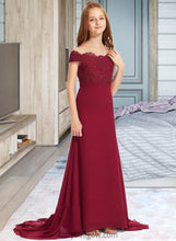 Load image into Gallery viewer, Alia Trumpet/Mermaid Off-the-Shoulder Court Train Chiffon Lace Junior Bridesmaid Dress XXCP0013330